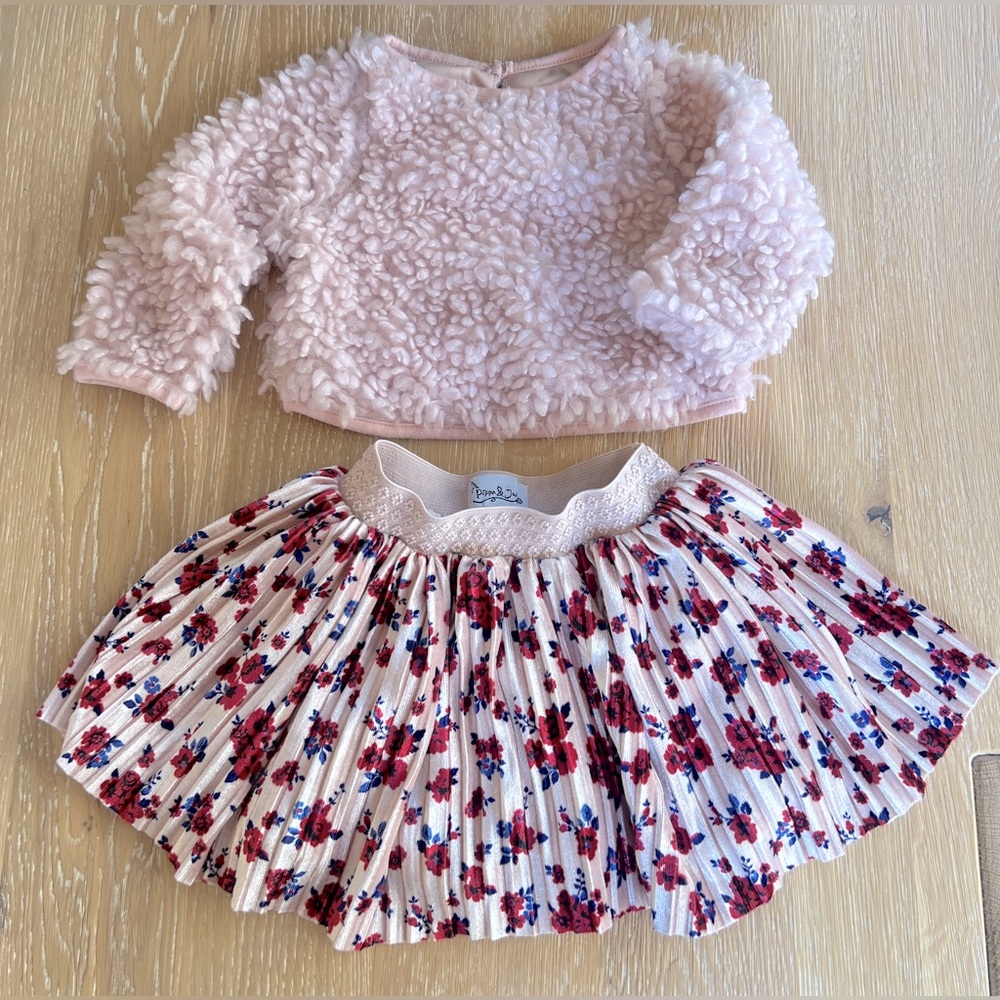 🌷🎀PIPPA & JULIE BLUSH 3 PIECE SHERPA SWEATER & VELVET PLEATED SKIRT OUTFIT 12M🌷🎀